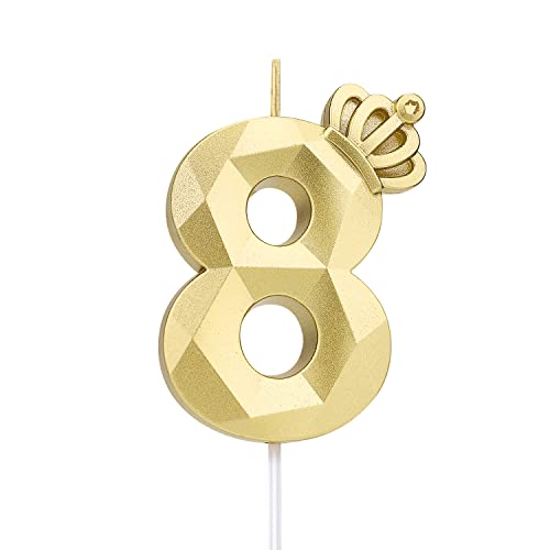 7,9 cm zahlen geburtstagskerzen, 3D-Zahlenkerze, mit Krone Große Kuchenkerzen Geburtstagskerzen Nummer Kuchenaufsatzkerze für Hochzeit Geburtstagsparty-Dekoration Feier (Gold, 8) von LUTER