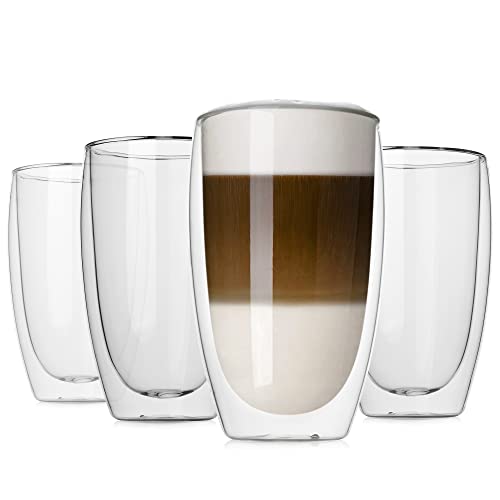 LUXU 473 ml doppelwandige Glas-Kaffeetassen, 4er-Pack Premium-Kaffeetassen, doppelwandige isolierte Glas-Kaffeetassen, klare Borosilikatglasbecher, Espresso, heiße Getränke und Getränke. von LUXU