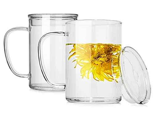 LUXU Hochwertige große Teetassen aus Glas mit Deckel (2 Stück) – 765 ml, großes Fassungsvermögen mit komfortablem Griff für Zuhause und Büro, transparent von LUXU