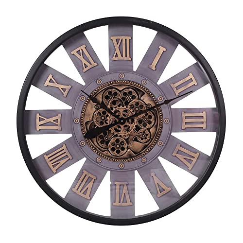 LW Collection Wanduhr Adela Schwarz 80cm mit rotierenden Zahnrädern - Radar Wanduhr mit römischen Ziffern - Wanduhr mit beweglichen Wandrädern - Stille Uhr von LW Collection