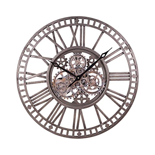 LW Collection Wanduhr Carmen Silber 60cm mit rotierenden Zahnrädern - Radar Wanduhr mit römischen Ziffern - Wanduhr mit beweglichen Wandrädern - Stille Uhr von LW Collection