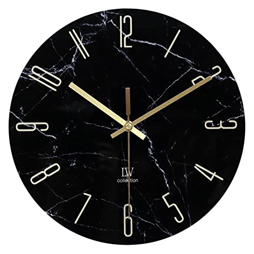 LW Collection Wanduhr Glas Marmor Cooper Schwarz 30cm - kleine Uhr - Leise Wanduhr - Küchenuhr leises Uhrwerk - Marmoruhr von LW Collection