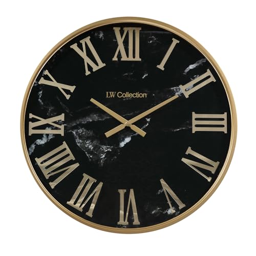 LW Collection Wanduhr Marmor Sierra Schwarz Gold 60cm - Industrielle Wanduhr - Große Moderne Wanduhr mit römischen Ziffern - Leise Uhrwerk - Stille Uhr von LW Collection
