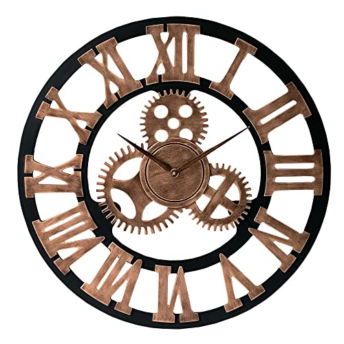 LW Collection Wanduhr Levi Bronze 80cm mit Zahnrädern - Radar Wanduhr mit römischen Ziffern - Wanduhr mit Wandrädern - Stille Uhr von LW Collection