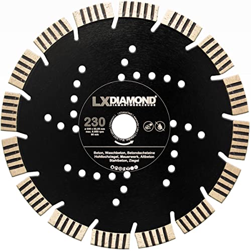 LXDIAMOND Diamant-Trennscheibe 230mm x 22,23mm Premium 15mm Segmente passend für Beton Stahlbeton Waschbeton Universal Diamantscheibe für Winkelschleifer 230 mm von LXDIAMOND
