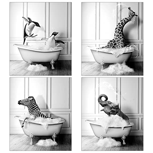 Badezimmer bilder Tiere in der Badewanne Gemälde 4 Paneele Leinwand Pinguine, Giraffen, Zebras, Elefanten Tier Schwarz Weiß Wand Kunst DruckeTraumbad Poster,Kein Rahmen(50x70cm*4) von LXTOPN