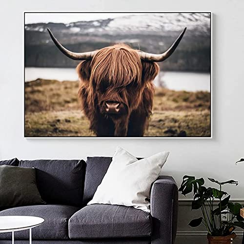 LXTOPN Hochlandrind Bild,Nordic Highland Cow Bilder Druck auf Leinwand Schottisches Hochland kuh Gemälde,Modern Hochlandrind Wandbilder Poster Wohnzimmer Deko,Kein Rahme (kuh-1, 40x60cm) von LXTOPN