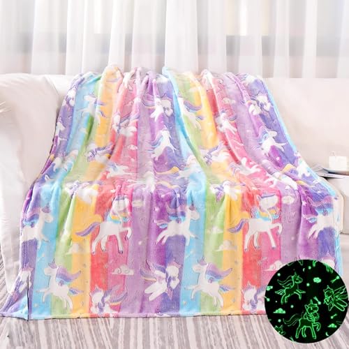 Kuscheldecke Kinder, Einhorn Decke Kuscheldecke Leuchtet im Dunkeln, Einhorn Geschenke für mädchen Super Weiche und Warme Decke von LXTOPN