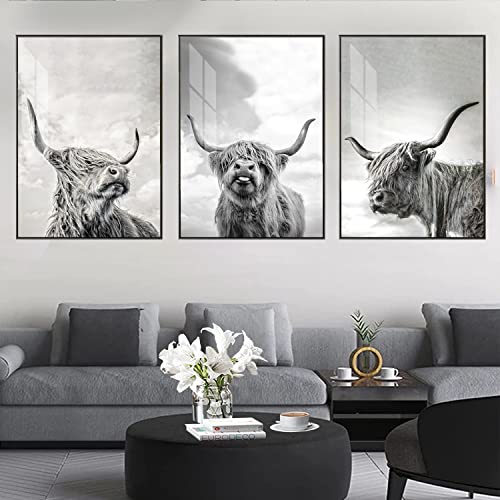 LXTOPN Hochlandrind Leinwand Bilder, highland cow bild, 3er Set Schwarz-Weiß hochland kuh poster für Schlafzimmer Wohnzimmer Modern Deko, Kein Rahme(Schwarz weiß,50x70cm) von LXTOPN