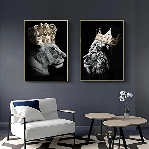 Löwe und Löwin mit Krone Leinwand Bilder,Schwarz Gold Tier Poster Dekoration,Afrika Löwin Kunst Drucke für Schlafzimmer bild Wohnkultur Dekor Kein Rahmen (Löwe B, 70x100cm*2) von LXTOPN