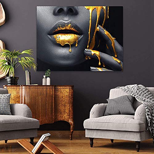 Sexy Frauen Lippen Leinwand bilder,Sexy Lippen Schwarz Gold Leinwand Gemälde Wandbilder,Modern Frau Gesicht Leinwand Kunst Poster Wohnzimmer Deko,Kein Rahmen (30x45cm) von LXTOPN