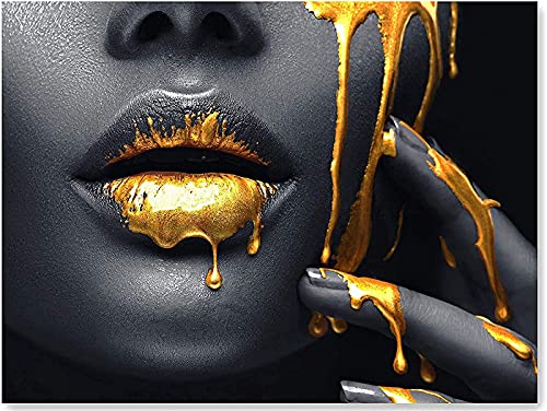 Schwarz Gold Frauen Lippen Leinwand bilder,Golden Sexy Lippen Leinwand Gemälde Drucke wandbilder,Modern Frau Gesicht Leinwand Kunst Poster Wohnzimmer Deko,Kein Rahmen (60x80cm) von LXTOPN