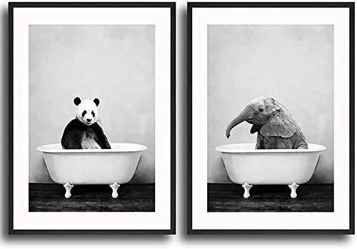 LXTOPN Badezimmer Bilder,Schwarz und weiß Elefant in der Badewanne Leinwandbild,Nordic Tiere Badezimmer Bilder Wandkunst Poster Leinwandmalerei Kein Rahmen(Tier,30x40cm*2) von LXTOPN