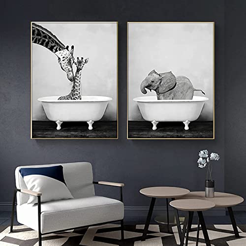 LXTOPN Wandbild Giraffe in der Badewanne Bilder,Lustige-Tierbild Giraffe Elefant Bad Leinwandbilder Malerei,Nordic Tiere Lustige Giraffe EIN Bad Poster Leinwandmalerei Kein Rahmen (40x50cm*2) von LXTOPN