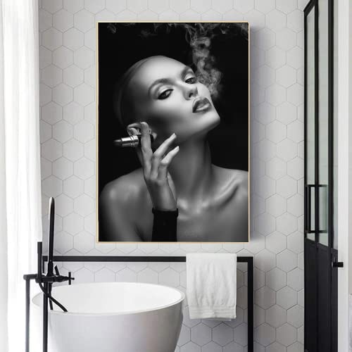LYBOHO Badezimmer Bilder Schwarz Weiß Set, Modebewusste Dame Bilder Set,Vintage Leinwand Bilder Poster Toilette Badezimmer Wohnkultur - Ohne Rahmen (1PCS-40x60cm) von LYBOHO