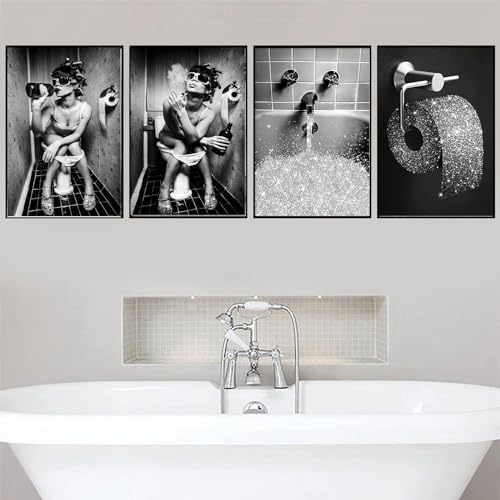 LYBOHO Badezimmer Bilder Schwarz Weiß Set, Modebewusste Dame Bilder Set,Vintage Leinwand Bilder Poster Toilette Badezimmer Wohnkultur - Ohne Rahmen (4PCS-20x30cm) von LYBOHO