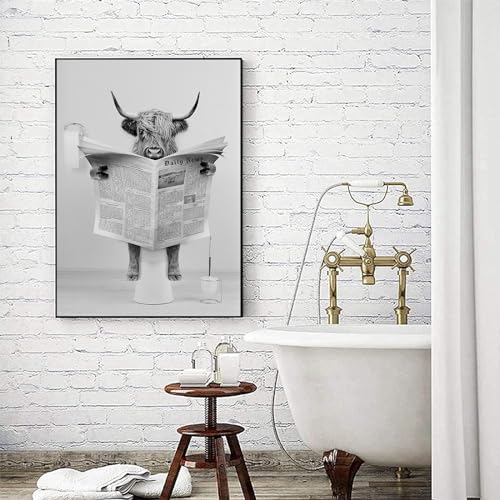 LYBOHO Schwarz Weiß Schottische Hochlandrind Badezimmer Bilder Lustige Tier in der Badewanne Leinwand Bilder für Wohnzimmer Badezimmer Schlafzimmer Deko-Rahmenlos (1Stück-20cm X 30cm,GDN1) von LYBOHO