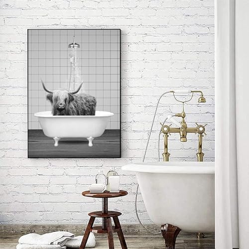 LYBOHO Schwarz Weiß Schottische Hochlandrind Badezimmer Bilder Lustige Tier in der Badewanne Leinwand Bilder für Wohnzimmer Badezimmer Schlafzimmer Deko-Rahmenlos (1Stück-20cm X 30cm,GDN2) von LYBOHO