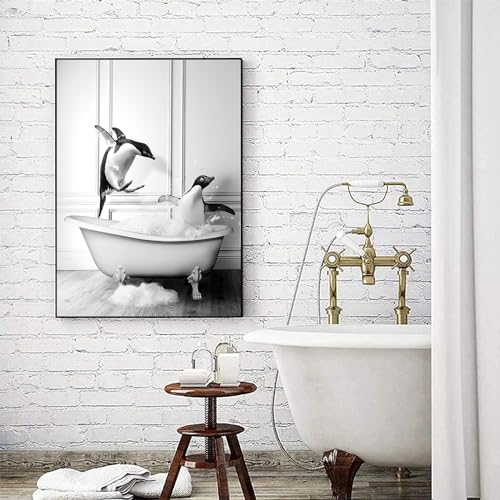 LYBOHO Schwarz Weiß Schottische Hochlandrind Badezimmer Bilder Lustige Tier in der Badewanne Leinwand Bilder für Wohnzimmer Badezimmer Schlafzimmer Deko-Rahmenlos (1Stück-20cm X 30cm,QE2) von LYBOHO