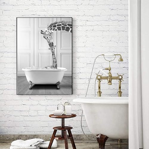 LYBOHO Schwarz Weiß Schottische Hochlandrind Badezimmer Bilder Lustige Tier in der Badewanne Leinwand Bilder für Wohnzimmer Badezimmer Schlafzimmer Deko-Rahmenlos (1Stück-30cm X 40cm,CJL2) von LYBOHO