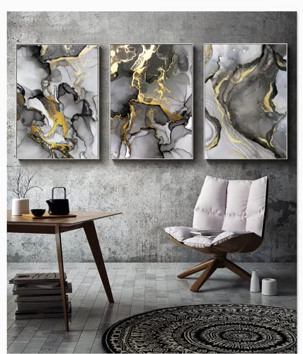 LYBOHO Wandbilder Wohnzimmer Grau Golden Fluid Art Marmor Textur Abstrakte Wandkunst Leinwand Bilder - Ohne Rahmen (Marmoriert 2, 3PCS-50x70cm) von LYBOHO