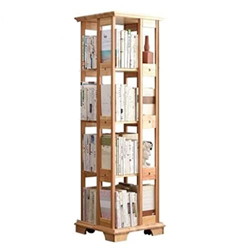 LYFDPN Tower-Bodenstehendes 360-Grad-Bücherregal aus massivem Holz, einfaches Bücherregal, bewegliches Riemenscheiben-Lagerregal (Natural) von LYFDPN