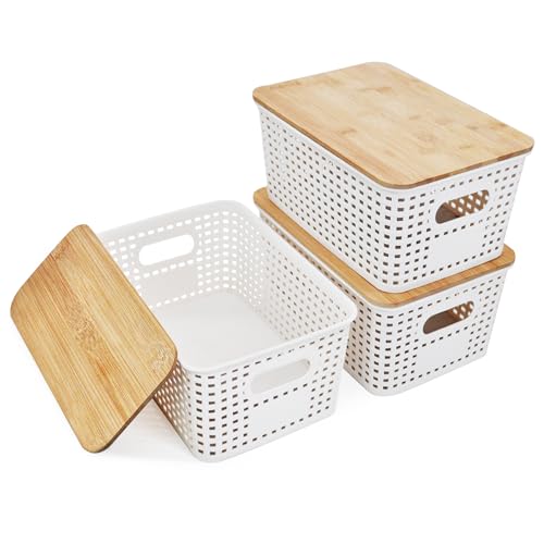 LYLIDIA 3 Stücke Aufbewahrungsbox mit Bambus Deckel 25x18x10cm Korb Plastikbox mit Deckel Weiß Stapelboxen Badezimmer Küche Stapelbare Aufbewahrungsboxen in Rattan for Shelves Schränke von LYLIDIA