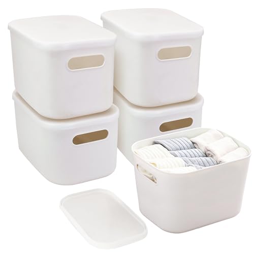 LYLIDIA 5 Stücke Aufbewahrungsbox mit Deckel Weiß 7L Aufbewahrungsboxen Box Lidded Stapelbar Dekobox Organizer Box Kunststoff Plastikbox Kisten Ordnungsboxen für Bad, Küchenregal, Schrank, Heimbüro von LYLIDIA