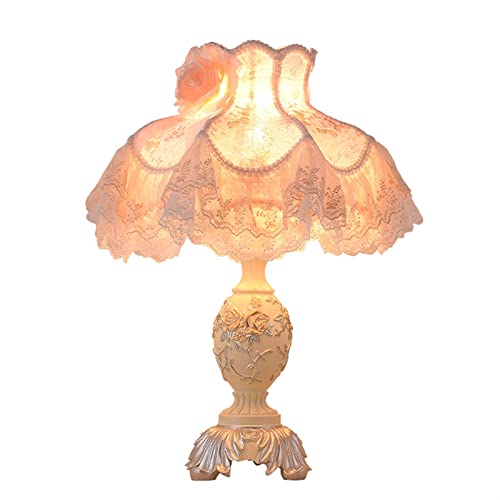 Schlafzimmer-Nachttischlampe Traditional Bedside Table Lamp Handmade Victorian Lace Fabric Lampshade Antique Painted Resin Base Desk Lamp Nightstand for Bedroom Living Room Office Schreibtischlampe Ti von LYOUAE