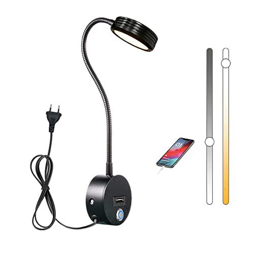 Leselampe Wandmontage, LED Wand Bettlampe Schlafzimmer Wandlampe Mit Schalter Touch, Bett Leselicht Kinder Innen Wandleuchte Mit USB-Ladeanschluss, Dimmbar Schwanenhals Lampe Mit Stecker 5W (Schwarz) von LYTLM