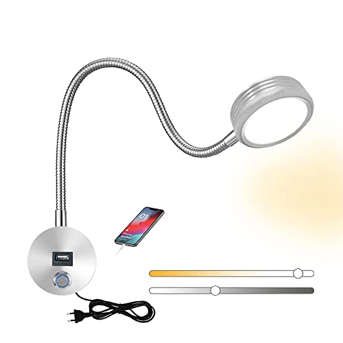 Leselampe Wandmontage, LED Wand Bettlampe Schlafzimmer Wandlampe Mit Schalter Touch, Bett Leselicht Kinder Innen Wandleuchte Mit USB-Ladeanschluss, Dimmbar Schwanenhals Lampe Mit Stecker 5W (Silber) von LYTLM