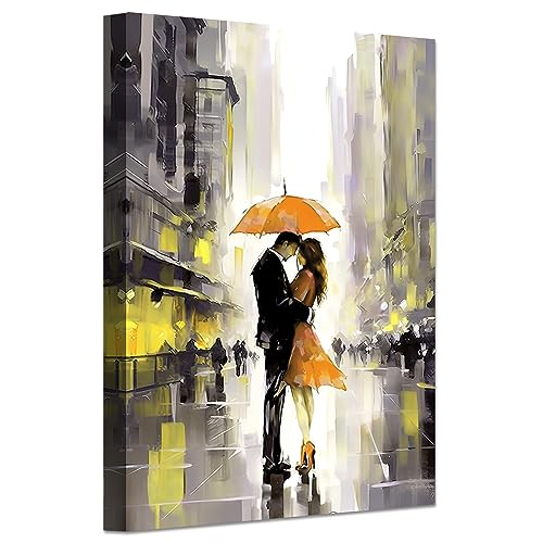 LZIMU Abstraktes Paar bild auf Leinwand schwarz gelbes Paar mit Regenschirm in der Straße Leinwandbild romantisches Kunstwerk Wanddekoration Gerahmt (2, 28.00x35.00cms) von LZIMU