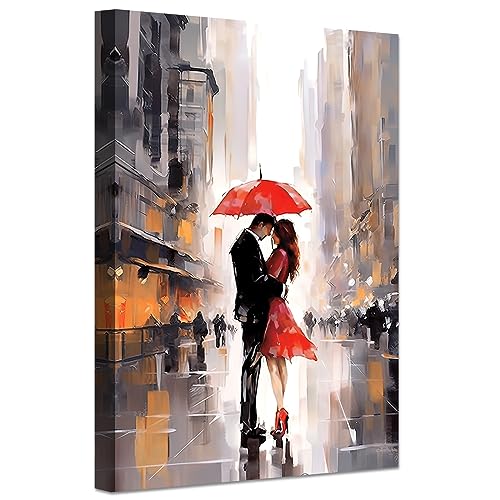 LZIMU Abstraktes Paar bild auf Leinwand schwarz rotes Paar mit Regenschirm in der Straße Leinwandbild romantisches Kunstwerk Wanddekoration Gerahmt (1, 70.00x105.00cms) von LZIMU