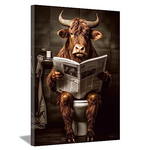 LZIMU Badezimmer Kuh Bild auf Leinwand braunes Vieh das auf Toilette sitzt und Zeitung liest Leinwand Bild lustige Tiere Poster Wanddekoration Gerahmt(4, 60x90cm) von LZIMU