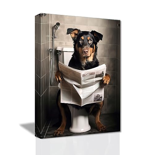 LZIMU Badezimmer Wanddekoration Hund sitzt auf der Toilette und liest Zeitung Kunstdruck auf Leinwand lustige Tiere Badezimmer Wandbilder (B, 40.00 x 60.00 cms) von LZIMU