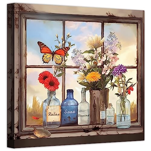 LZIMU Badezimmer bild auf Leinwand Vase Schmetterling im Fenster Flaschen und Pflanzen Leinwandbild rustikales Landhaus Wanddekoration Gerahmt (45x45cm) von LZIMU