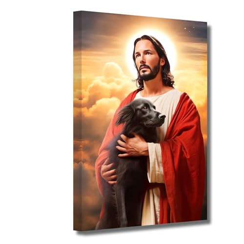 LZIMU Jesus Bild auf Leinwand Jesus hält Hund Leinwand Bild Gott Poster katholisches Kunstwerk für spirituelle Zimmer Schlafzimmer Wanddekoration Gerahmt (2, 28.00x35.00cms) von LZIMU