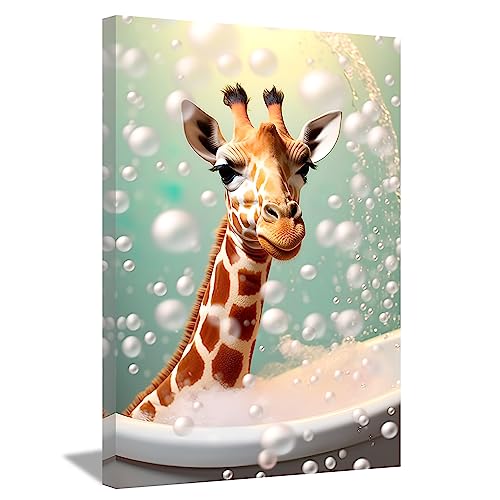 LZIMU Lustiges Badezimmer Tiere Bild auf Leinwand süße Giraffe in der Badewanne Leinwandbild für modernes Badezimmer Babyzimmer Wanddekoration Gerahmt (28x35cm) von LZIMU