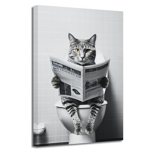 LZIMU Lustiges Tier Badezimmer Wandbild Katze sitzt auf Toilette und liest Zeitung Poster Drucke auf Leinwand Schwarz Weiß Bilder Badezimmer Kunstwerk (Bild-2, (40.00 x 60.00 cms)) von LZIMU