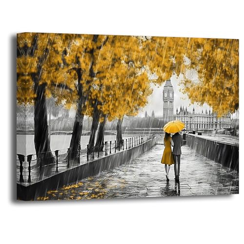 LZIMU Romantisches Bild auf Leinwand schwarz gelbes Paar mit Regenschirm Bild Big Ben Leinwandbild abstraktes modernes Kunstwerk Wanddekoration Gerahmt (60x90cm) von LZIMU
