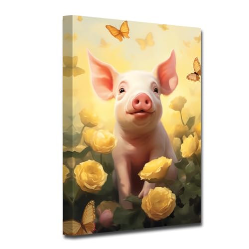LZIMU Schwein Leinwandbild lustiges Schwein mit gelber Blume Kunstdrucke Bilder von Bauernhoftieren Wanddekoration rustikale Bauernhausküche (C, 40.00 x 60.00 cms) von LZIMU