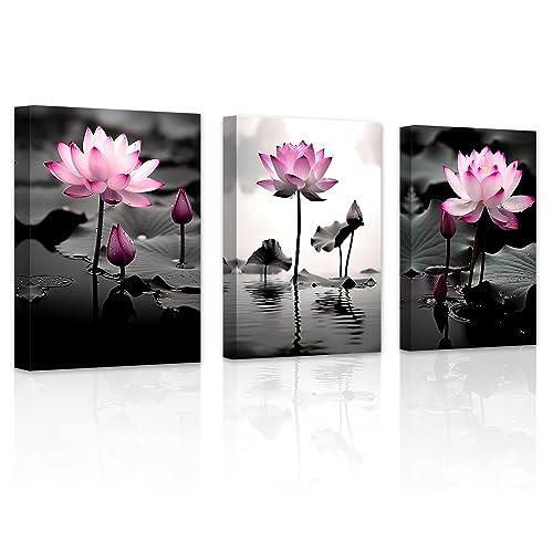 LZIMU Zen Lotusblumen Bild auf Leinwand 3 Teilig Schwarz Weiß Rosa Seerosen Leinwandbild für Badezimmer Yoga Studio Meditation Spa Raum Gerahmt (1, 40.00x60.00cms x3) von LZIMU