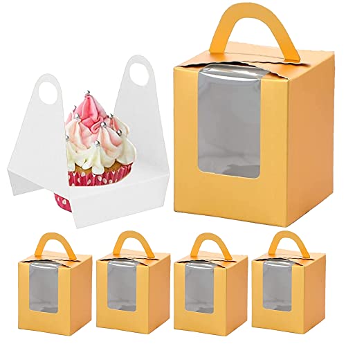 La Llareta 25 Stücke Einzeln Muffin Box, Dessert Container, Cupcake Box, mit Fenstereinsatz und Griff, für Bäckerei, Hochzeit, Weihnachten, Party (Gold) von La Llareta