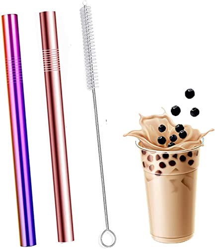 Bubble Tea Strohhalme 2 Stück Strohhalm Edelstahl Farbstroh Wiederverwendbar und Waschbare Strohhalme Trinkhalme mit Reinigungsbürsten Geeignet für Saft und Getränke (Violett+Roségold) von Labstandard