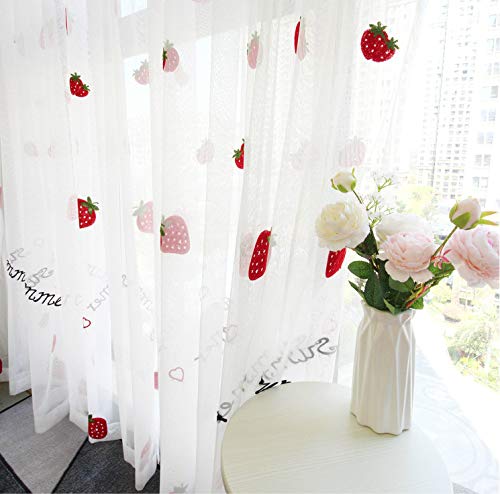 Lactraum Gardine Kinderzimmer Mädchen Bestickt Erdbeere Weiß Voile mit Kräuselband 145x 245 cm von Lactraum
