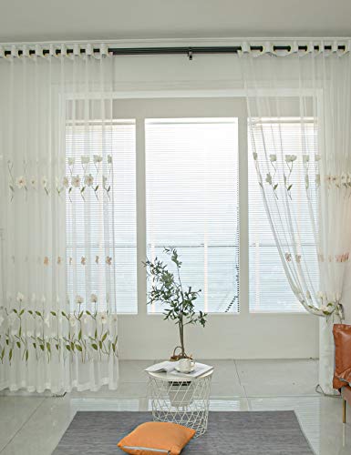 Lactraum Gardine Transparent Weiß Wohnzimmer Bestickt Lilie Blumen Vorhang Voile mit Universalband 300 x 245 cm (BxH) von Lactraum