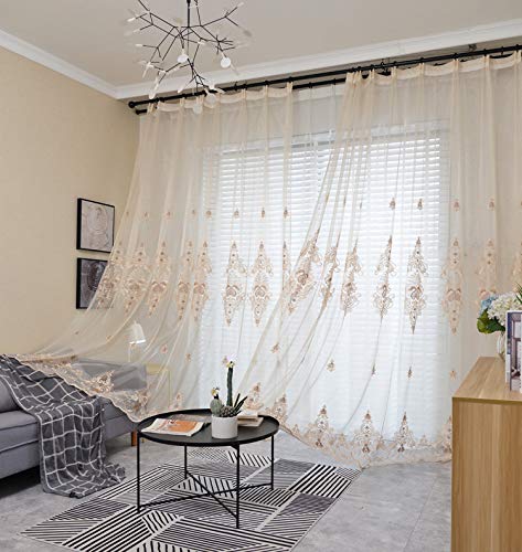 Lactraum Gardine Wohnzimmer Beige Tranparent Bestickt Vintage Klassische Begonie Voile mit Universalband 100 x 245 cm (BxH) von Lactraum