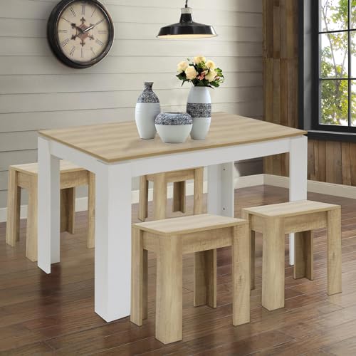 LafeuR Esstisch mit 4 Stühlen Holz 5-TLG Set 110x70x75cm Küche Stühle Tisch Möbel Essgruppe Praktisch Sitzgruppe Eiche & Weiß von LafeuR