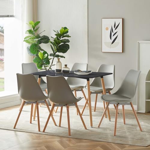 LafeuR Esszimmergruppe Esstisch mit 6 Stühlen, Rechteckig Küchentisch-Set Essgruppe für Küche Esszimmer und Wohnzimmer (Schwarz Tisch+6 Grau Esszimmerstühle) von LafeuR