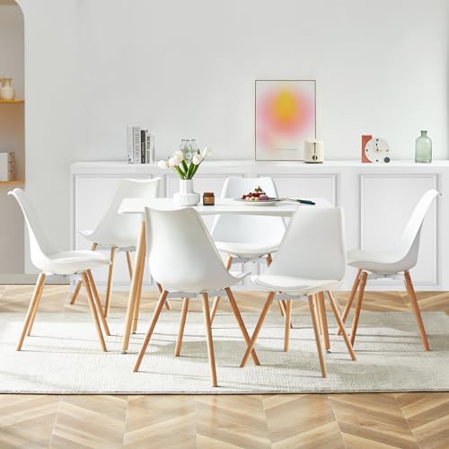 LafeuR Esszimmergruppe Esstisch mit 6 Stühlen, Rechteckig Küchentisch-Set Essgruppe für Küche Esszimmer und Wohnzimmer (Weiß Tisch+6 Weiß Esszimmerstühle) von LafeuR